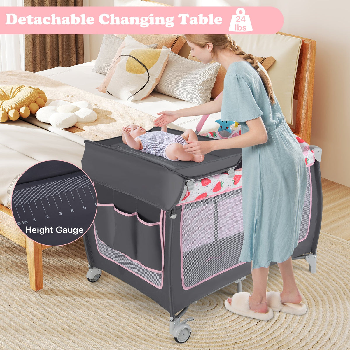 3-in-1 Portable Baby Playard with Zippered Door and Toy Bar-Red