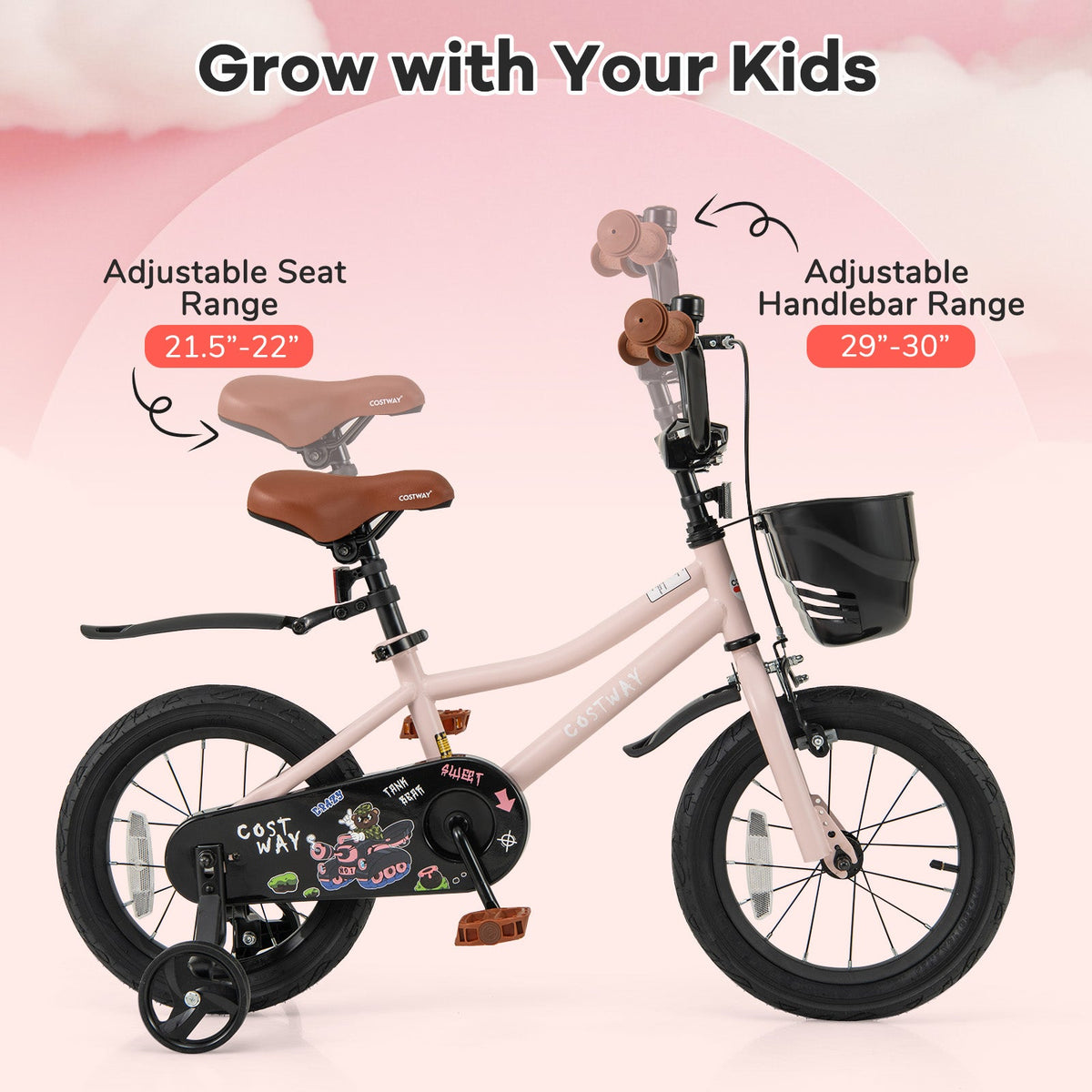 14 Inches Kids Bike with Basket and Adjustable Handlebar for 3-5 Years Old