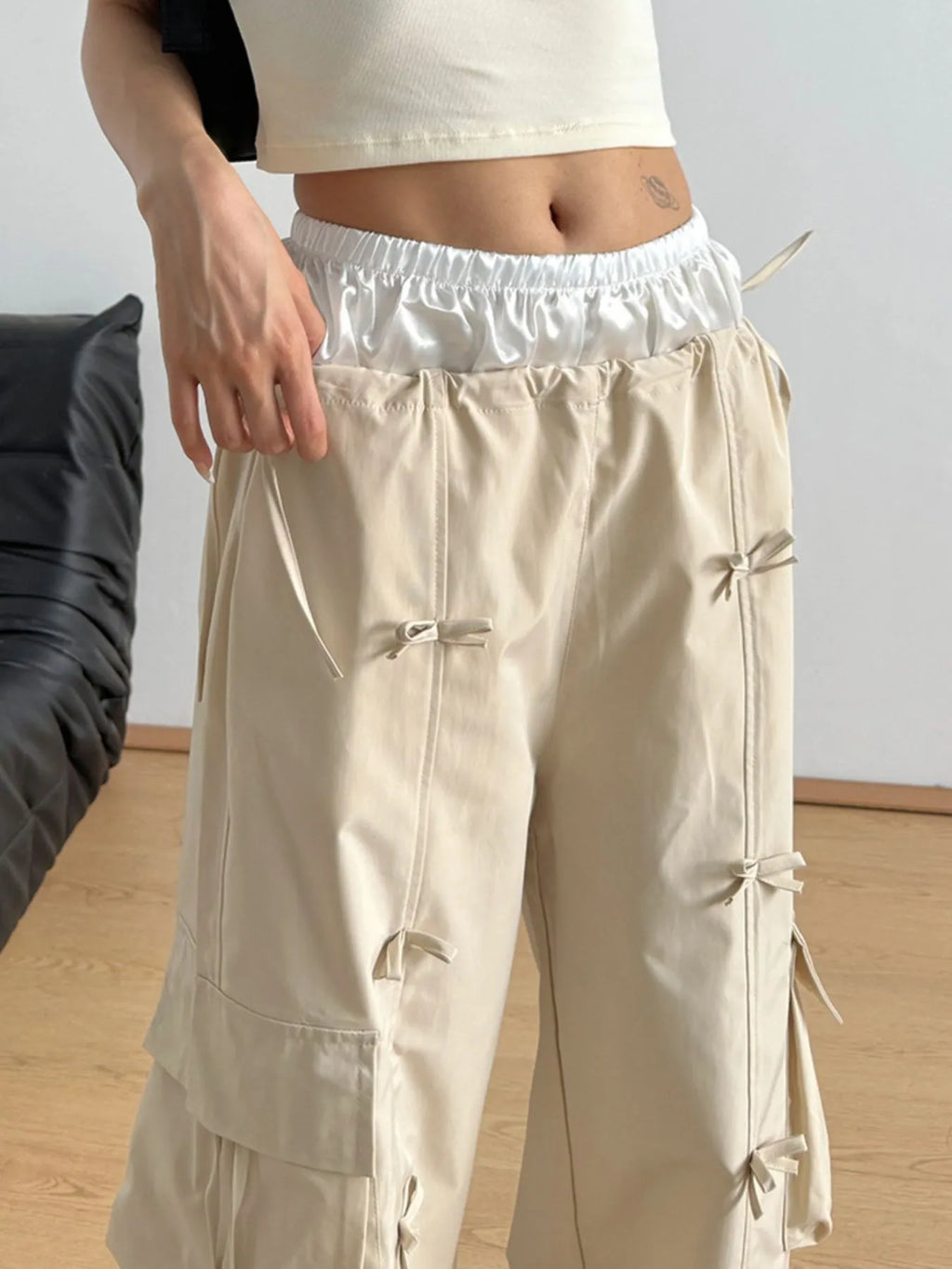 Bow Elastic Waist Cargo Pants