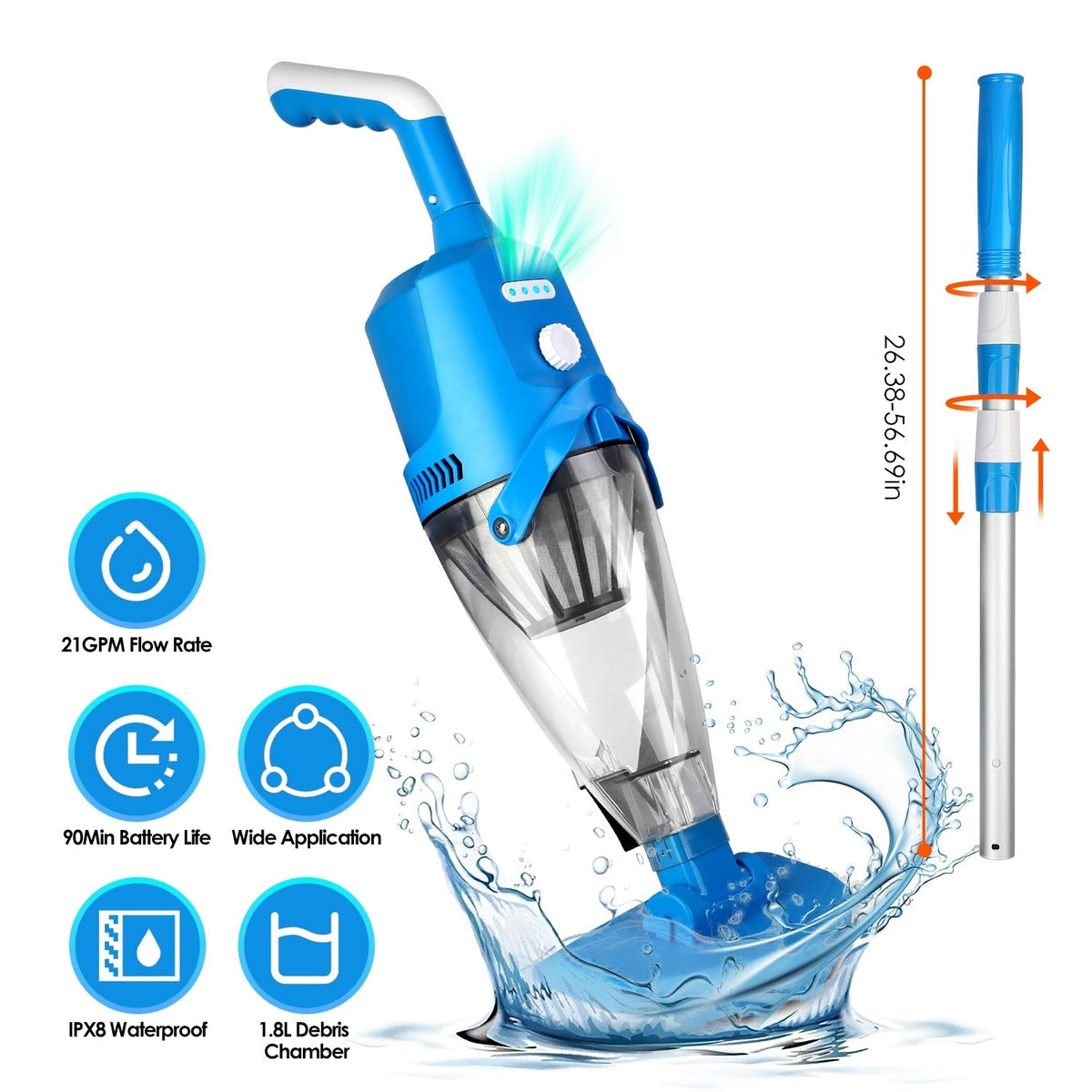 21GPM Cordless Pool Vacuum With Telescopic Pole Rechargeable Swimming Pool Cleaner with 1.8L Debris Chamber 90Mins Battery Life for In-ground Above-gr