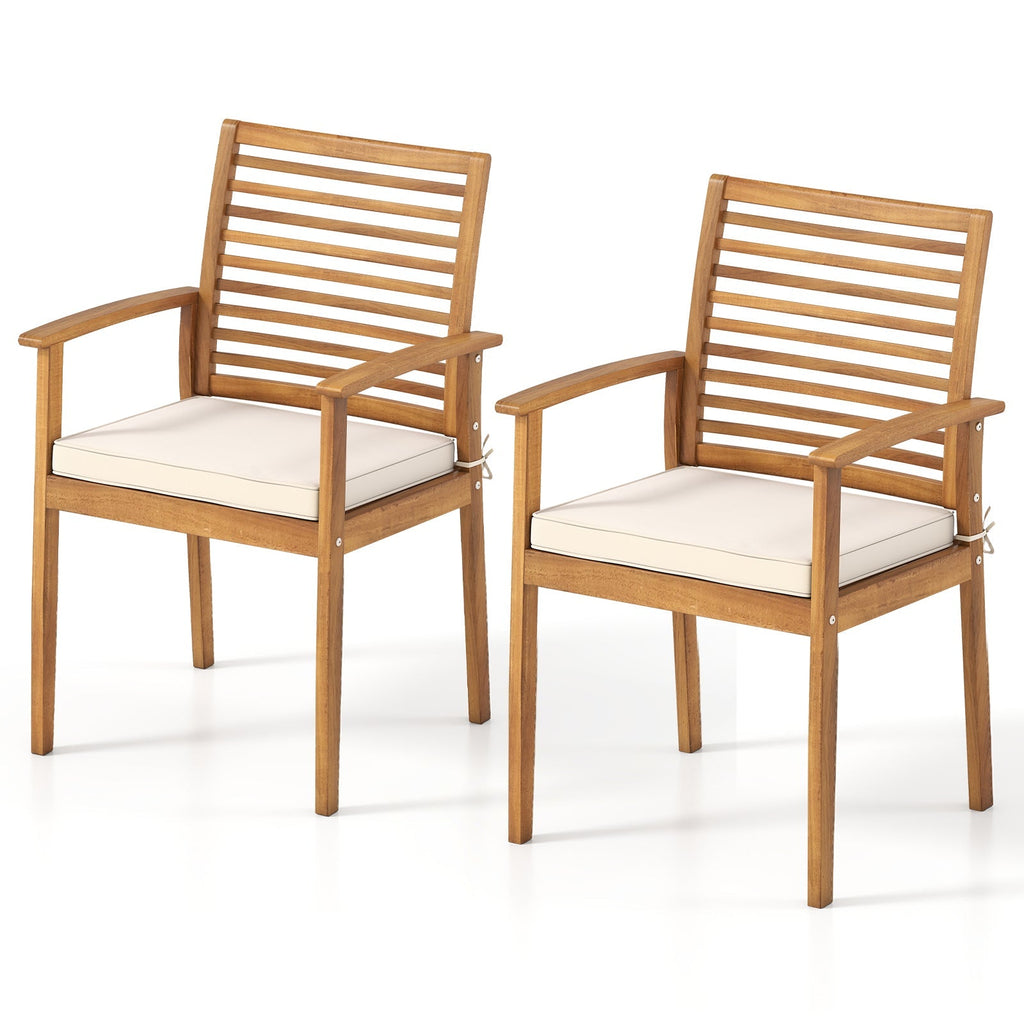 Outdoor Patio Dining Chairs Set of 2 with Removable Padded Cushion and Slatted Backrest-Beige