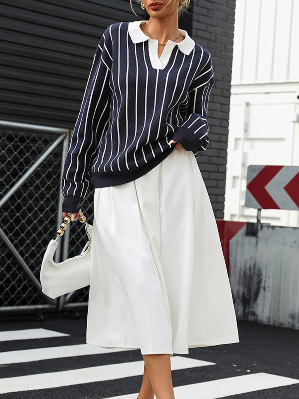 Stripe Contrast Collar Long Sleeve Knit Top