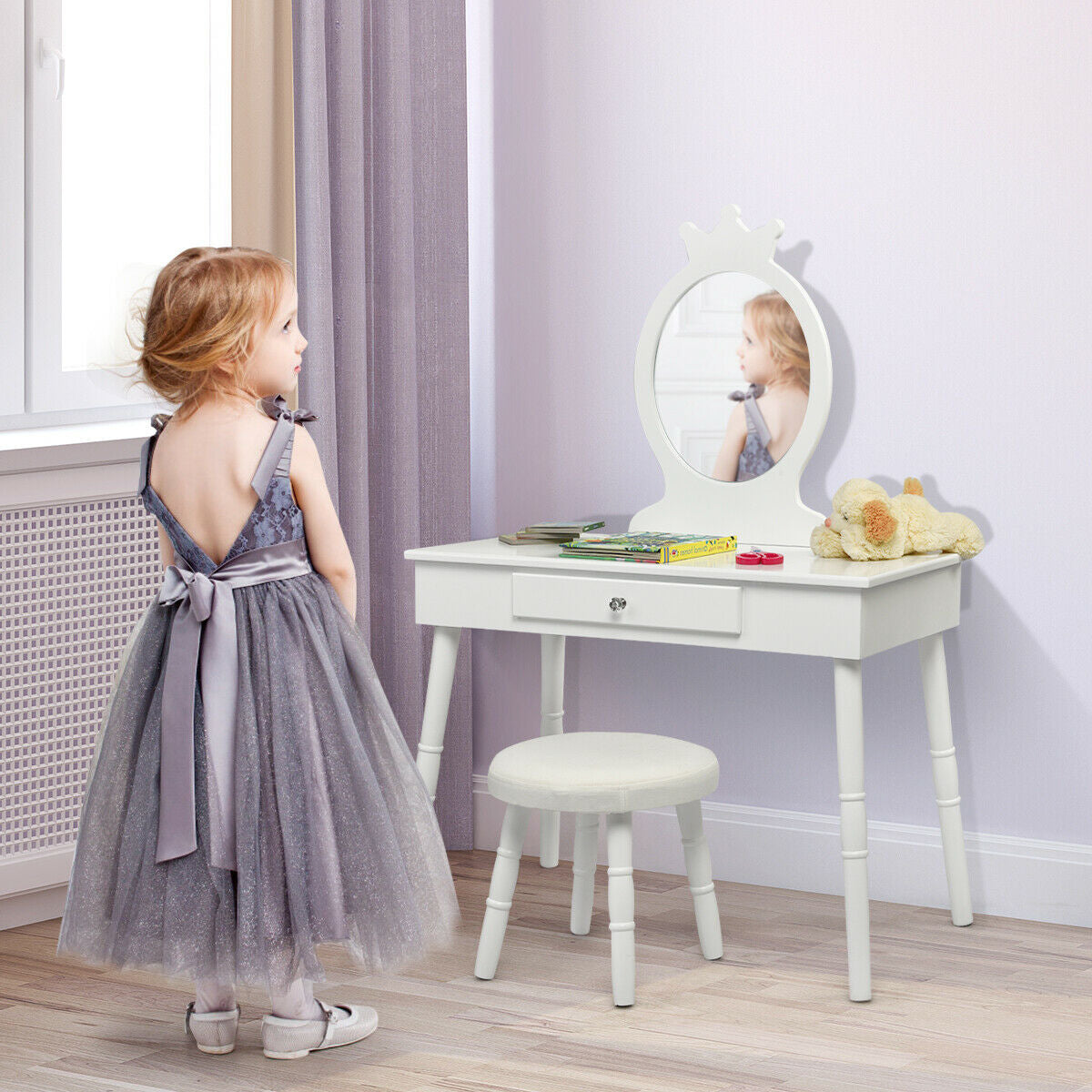 Kids Vanity Makeup Table & Chair Set Make Up Stool-White