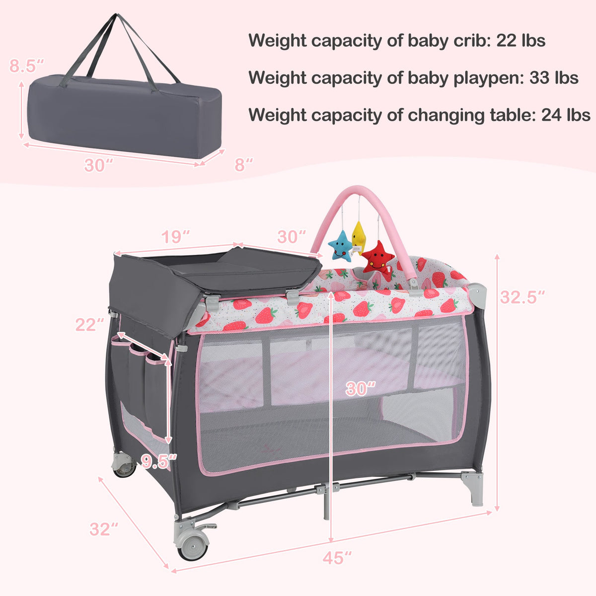 3-in-1 Portable Baby Playard with Zippered Door and Toy Bar-Red
