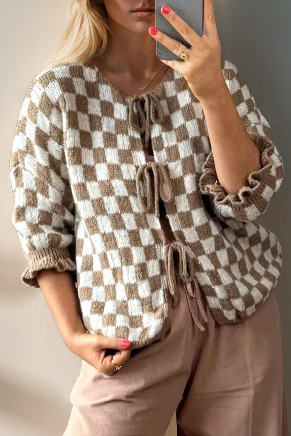 Back To School Sweater - Double Take Tied Checkered Dropped Shoulder Flounce Sleeve Cardigan