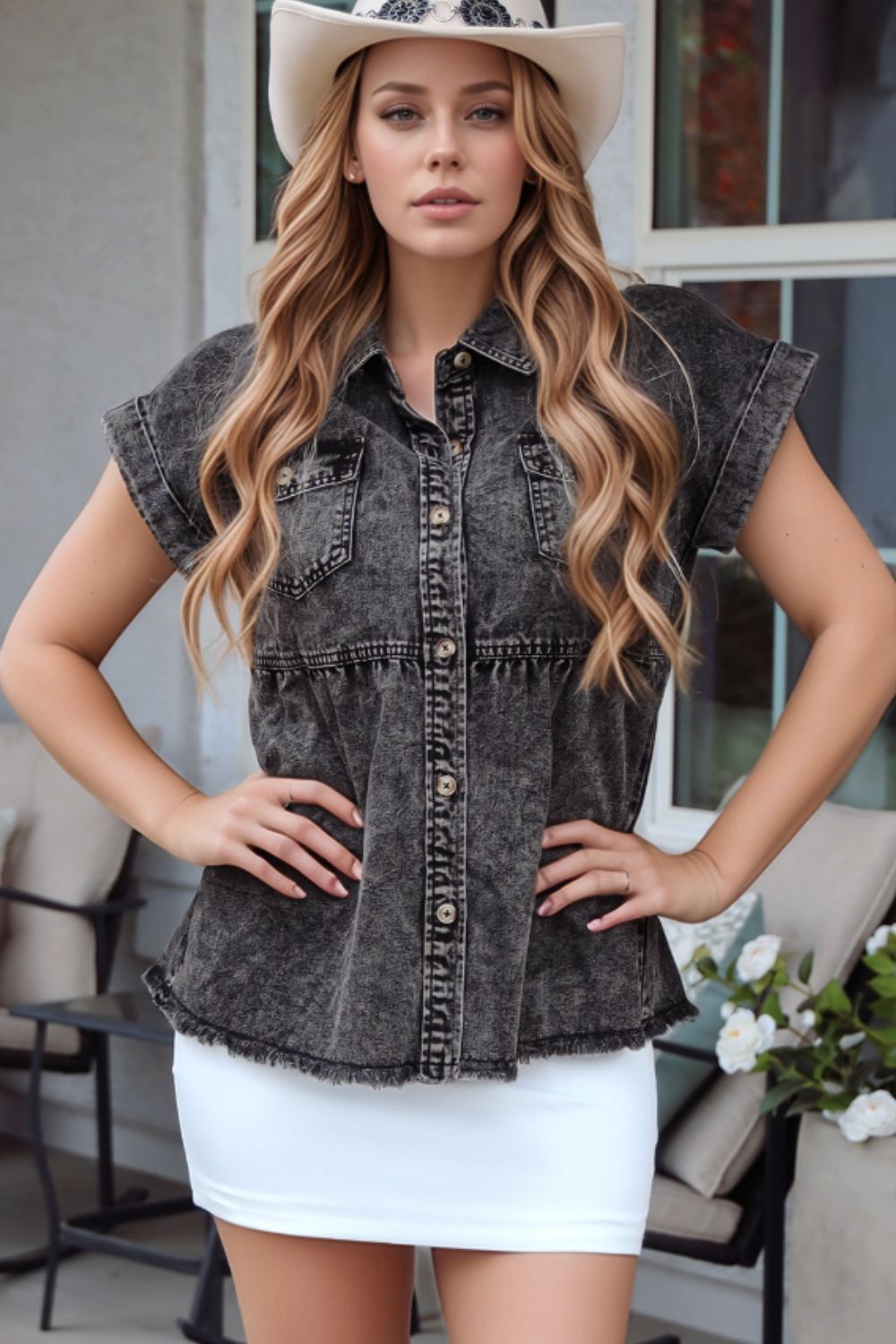 Short Sleeve Flap Pocket Button Up Raw Hem Denim Shirt