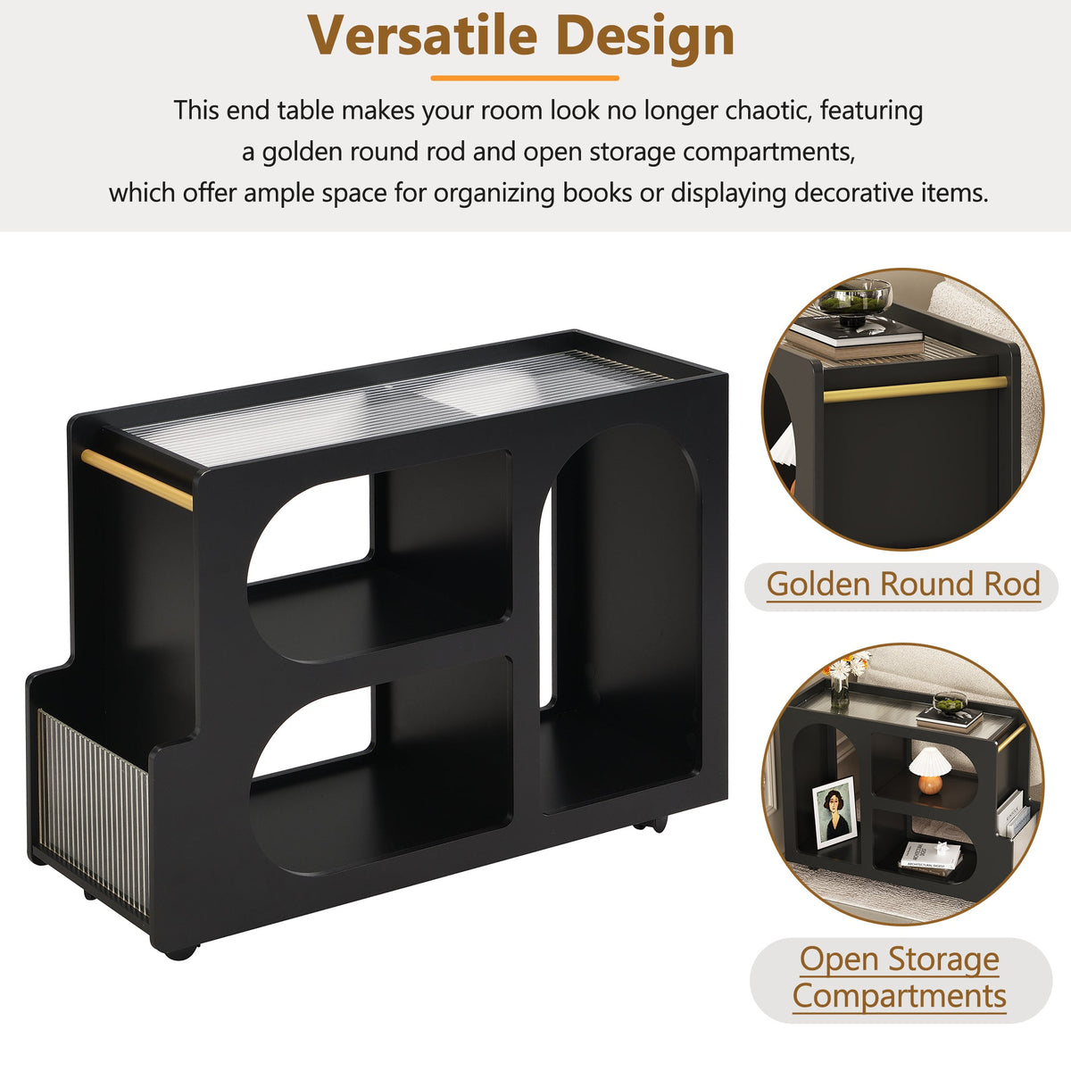 Stylish mobile desk with lockable wheels,bedside table with 5mm thick grooved tempered glass and gold round bars ，black