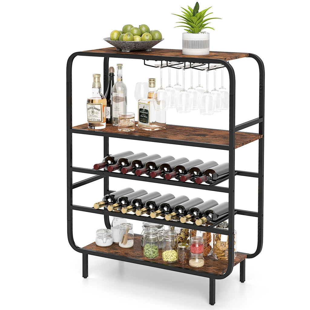 16 Bottle Wine Rack with 5-Tier Wine Shelf and Glass Holders for Kitchen Bar-Rustic Brown