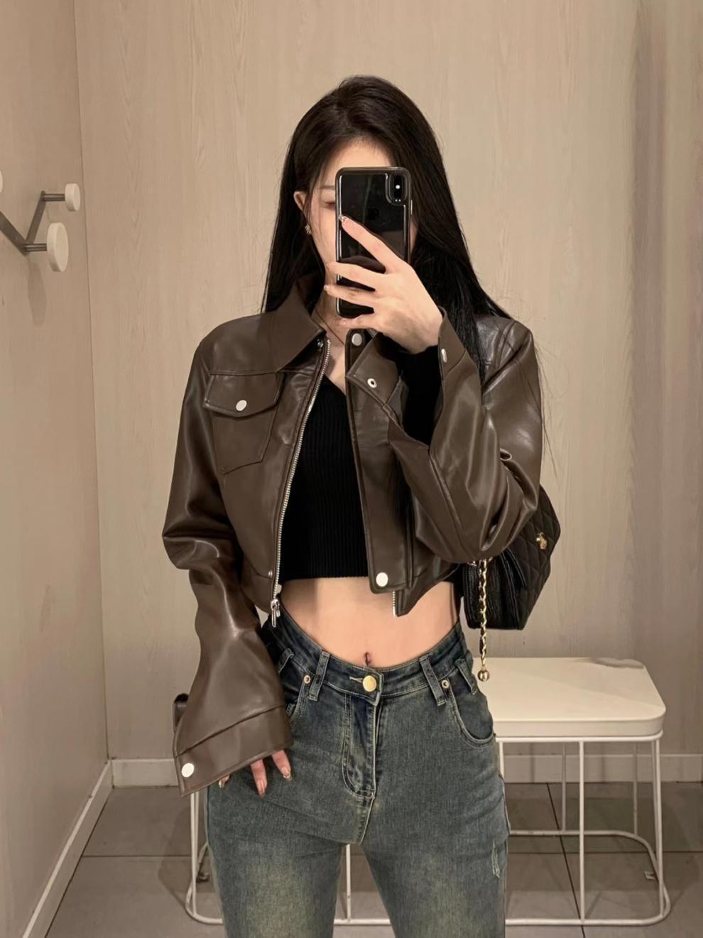 Retro Coffee Leather Moto Jacket