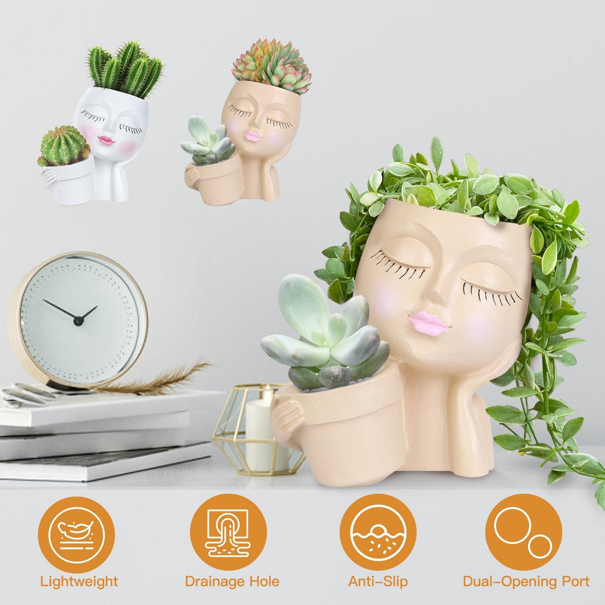 Girl Face Planter Pot Dual Opening Flower Pot With Drainage Hole Lady Head Resin Plant Pot For Succulent Cactus Indoor Outdoor