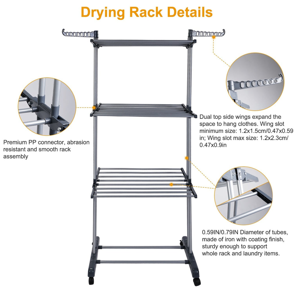 Clothes Drying Rack Rolling Collapsible Laundry Dryer Hanger Stand Rail Shelve_x000B__x000B_Wardrobe Clothing Drying Racks w/ Dual Side Wings
