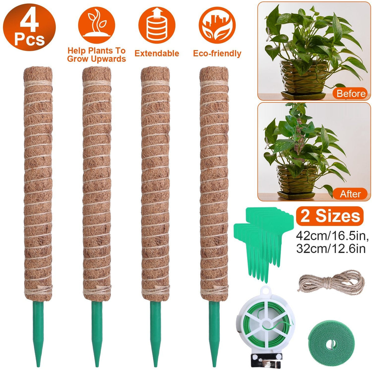 4Pcs Coco Coir Extendable Moss Pole for Climbing Plants Plant Support with 10 Labels 6.6Feet Jute Rope 6.6 Feet Fasten Strap 65.6 Feet Twist Tie Indoo