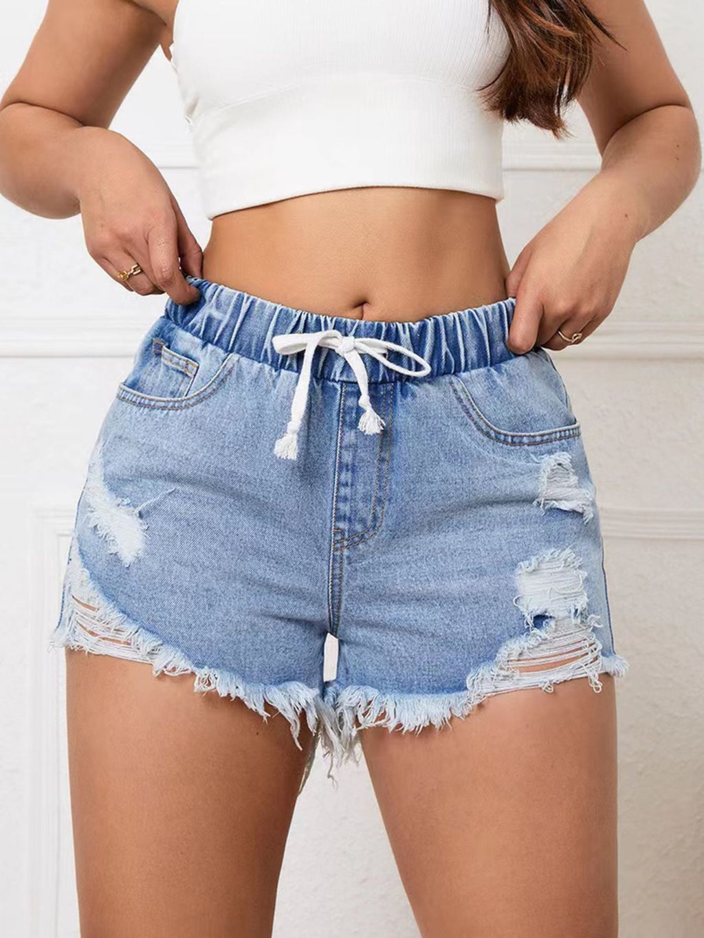 Distressed Drawstring Raw Hem Denim Shorts