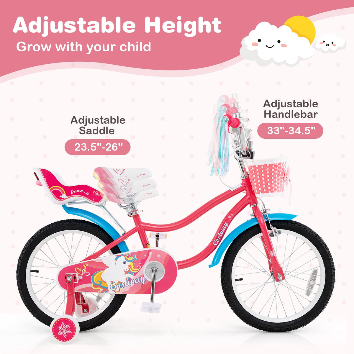 18 Inch Girls Bike for 3-5 Years Old Kids Bike with Doll Seat and Training Wheels