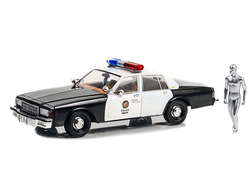 1987 Chevrolet Caprice Metropolitan Police Black and White with T-1000 Liquid Metal Android Diecast Figure "Terminator 2: Judgment Day" (1991) Movie "Artisan Collection" 1/18 Diecast Model Car by Greenlight