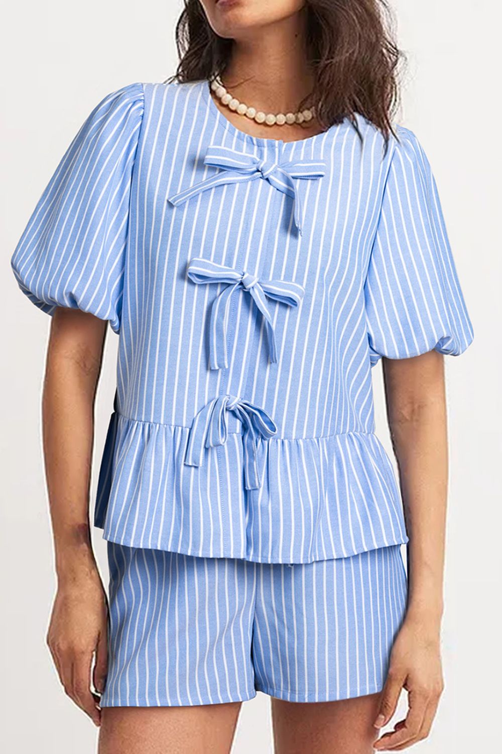 Striped Bowknot Detail Puff Sleeve Top and Shorts Set
