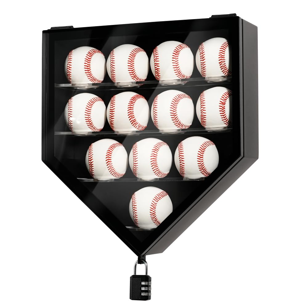 J JACKCUBE DESIGN Baseball Display Frame Case 12 Balls Holders with UV Protection Acrylic Door Wall Mount Shadow Box Cabinet Shelf for Home Run Autographed Collection Memorabilia Ball- MK955A