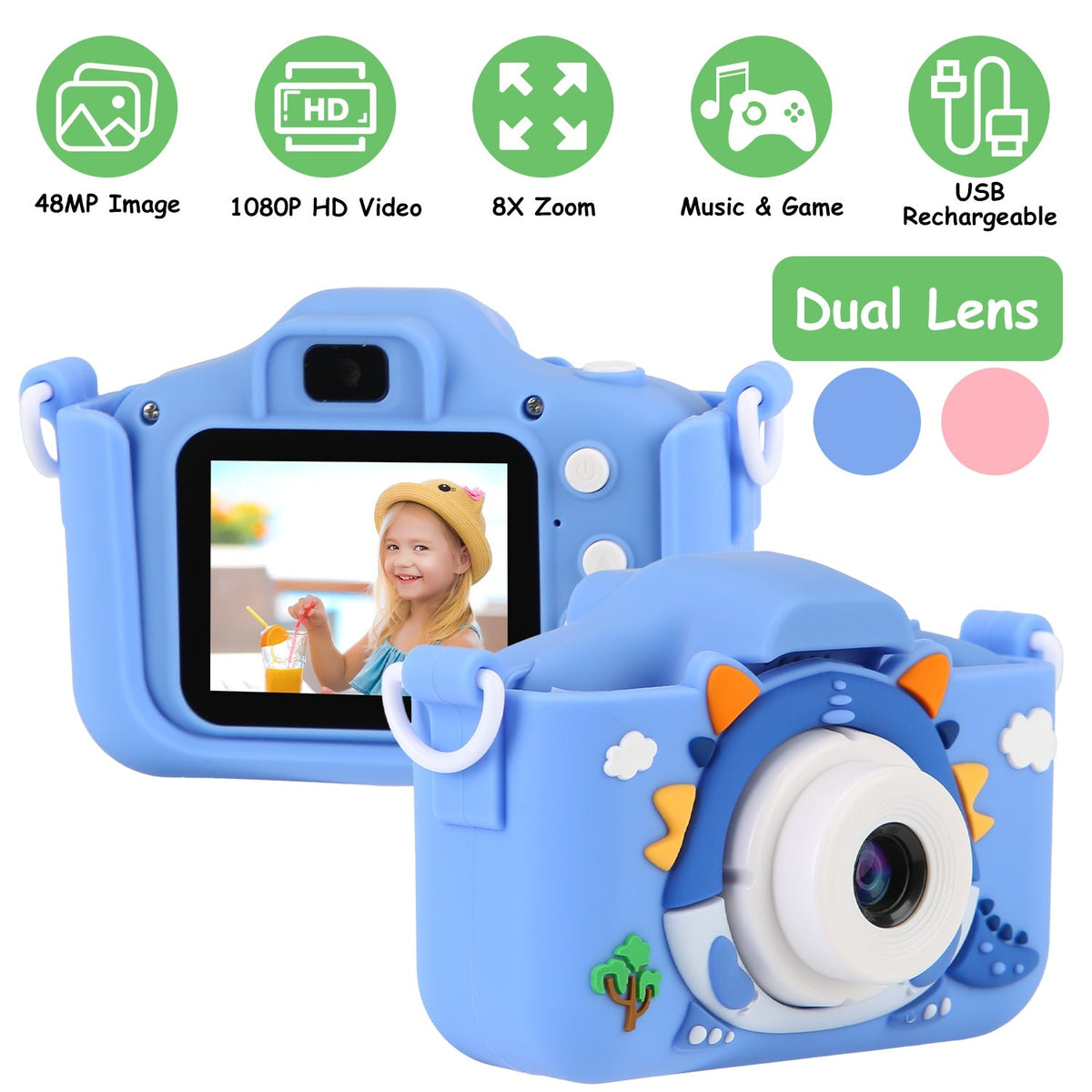 Dinosaur Kids Selfie Camera Cartoon Camera 48MP 1080P HD Digital Camera with Cartoon Case Card Reader 32G MMC Card for Boys Girls Aged 6+ Years Old