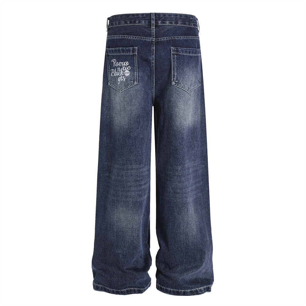 Street Design Floral Embroidered Denim Wide-Leg Long Pants Men's Vibe Trendy Washed Distressed Straight Leg Trousers