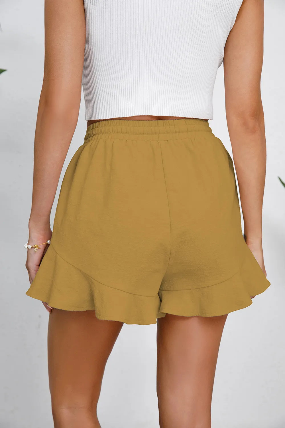 Women's cotton and linen shorts with ruffled edges and drawstring casual pants for women