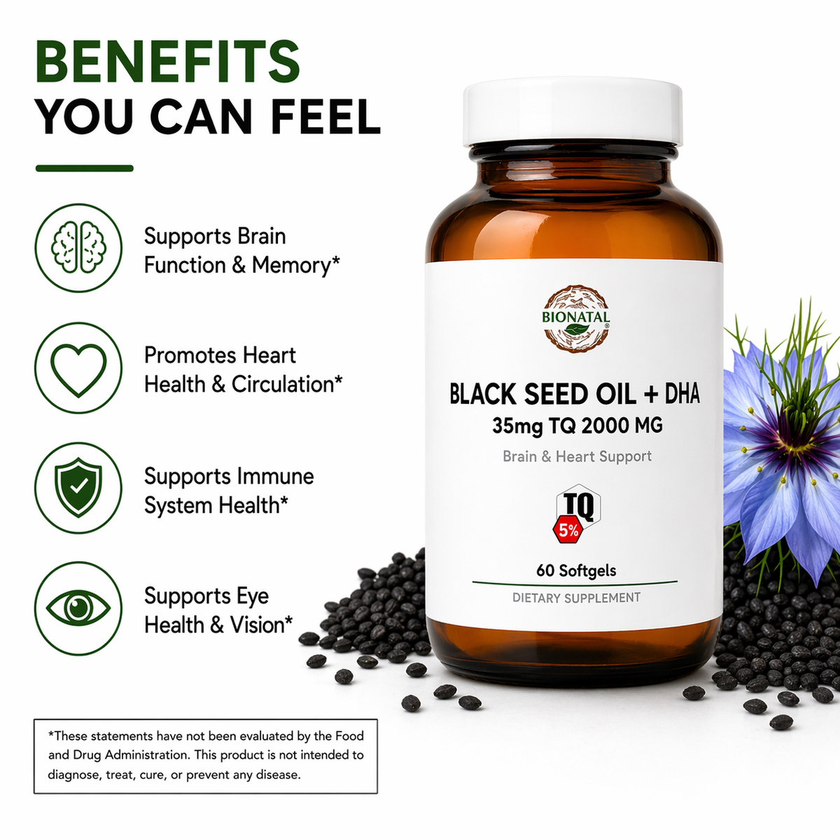 Black Seed Oil + DHA Omega-3, 5% Thymoquinone, 60 Softgels