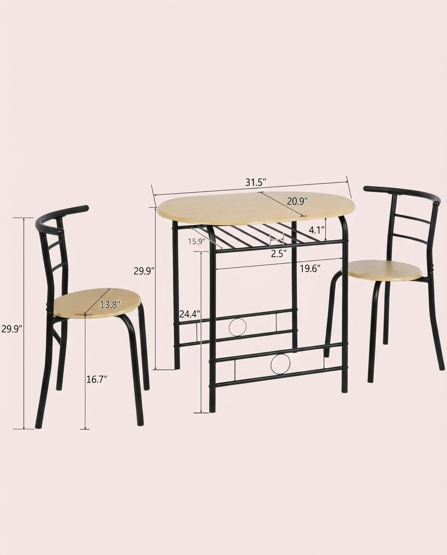 3-Piece Dining Set for 2 – Minimalist Wooden Table + 2 Metal Frame Chairs