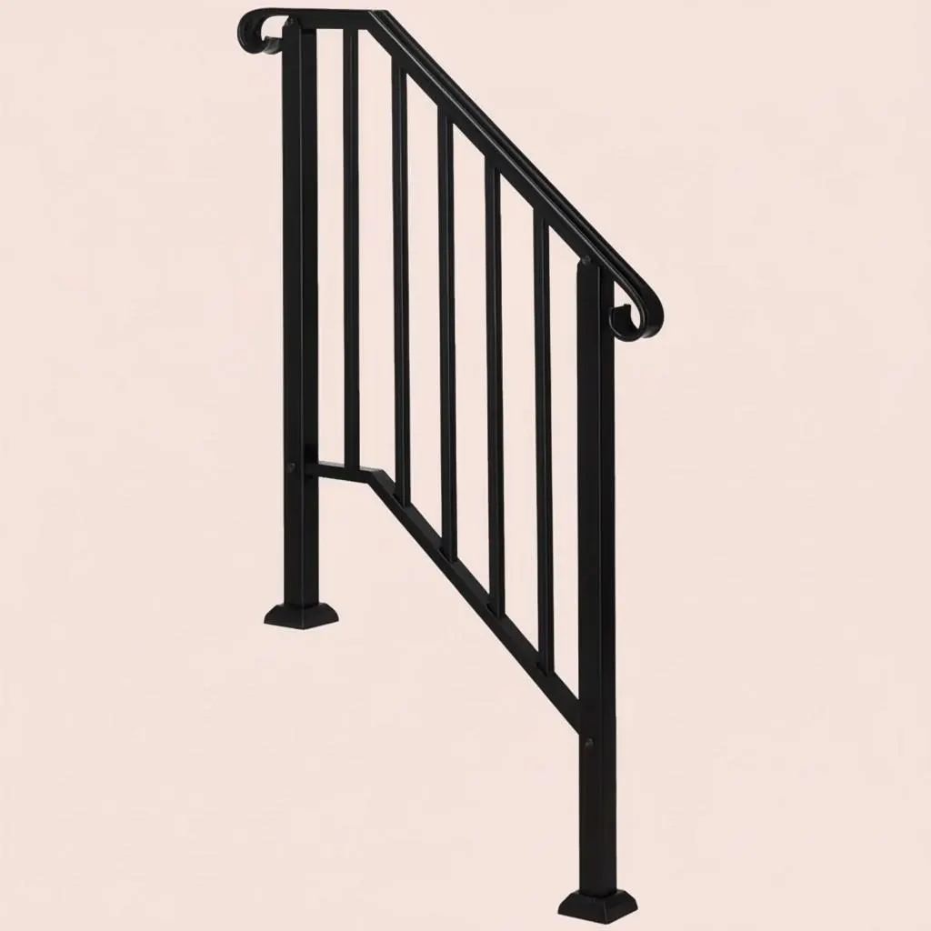 Outdoor Stair Handrail for 1–4 Steps, Adjustable Black Steel Railing