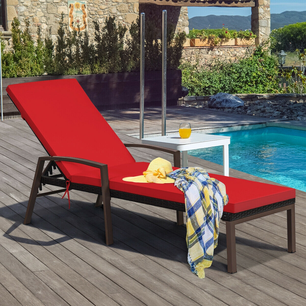 Patio Rattan Lounge Chaise Recliner with Back Adjustable Cushioned