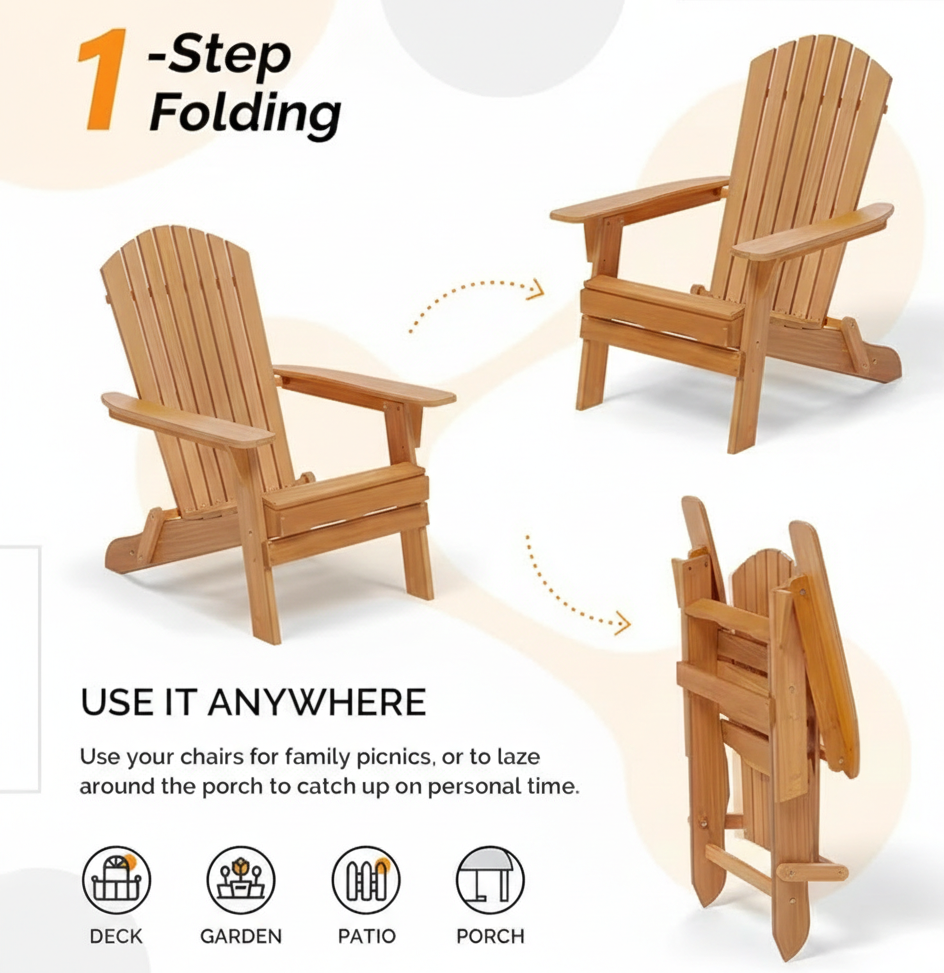 Folding Adirondack Chair – Outdoor Patio Yard Deck Beach Lawn