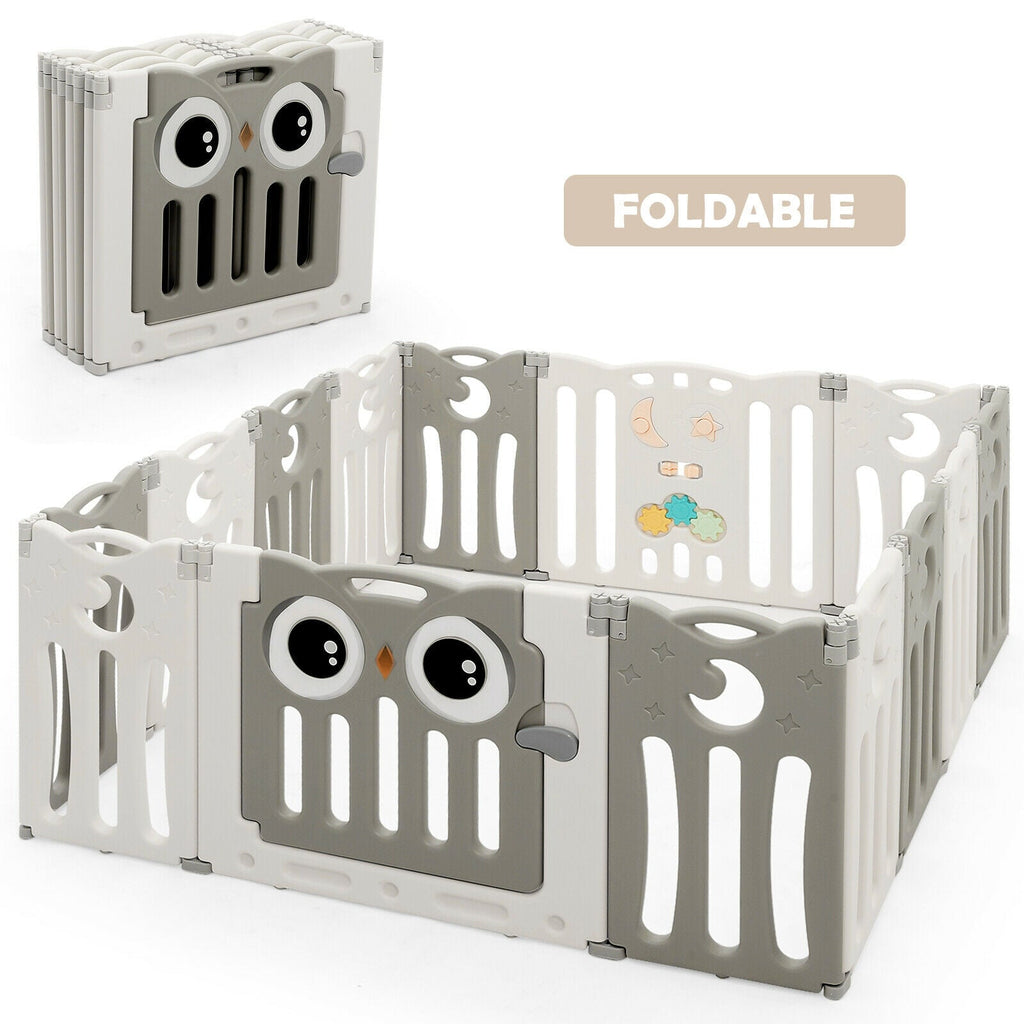 14-Panel Baby Playpen Kids Activity Center Foldable Play Yard with Lock Door-Beige