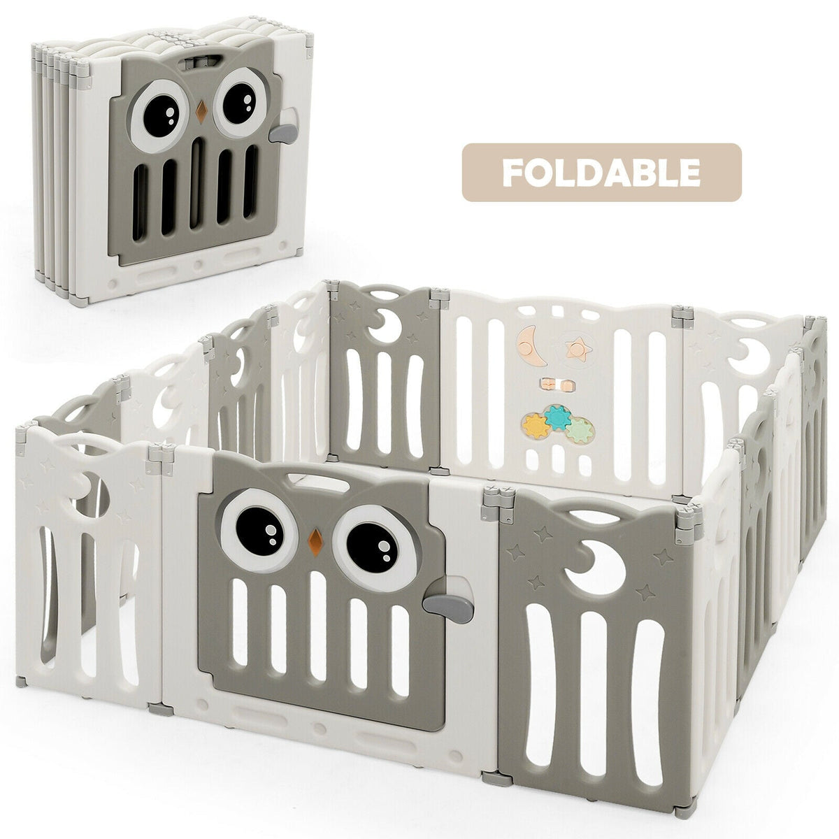 14-Panel Baby Playpen Kids Activity Center Foldable Play Yard with Lock Door-Beige