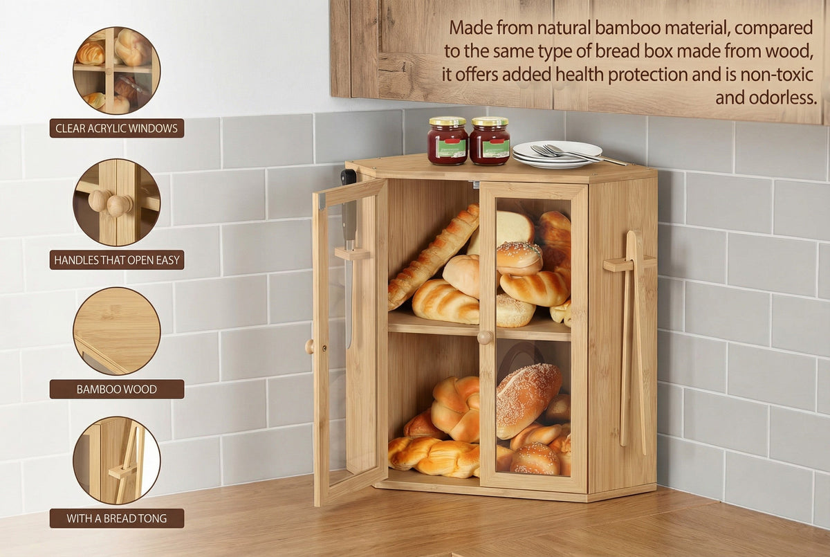 Bamboo Bread Box with Clear Doors – 2-Tier Kitchen Countertop Organizer