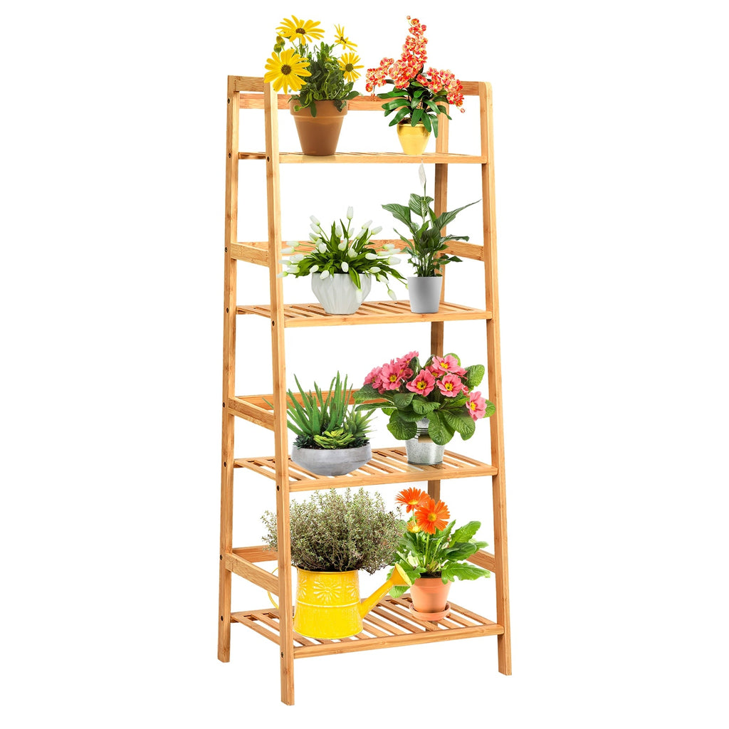 4-Tier Bamboo Plant Rack with Guardrails Stable and Space-Saving