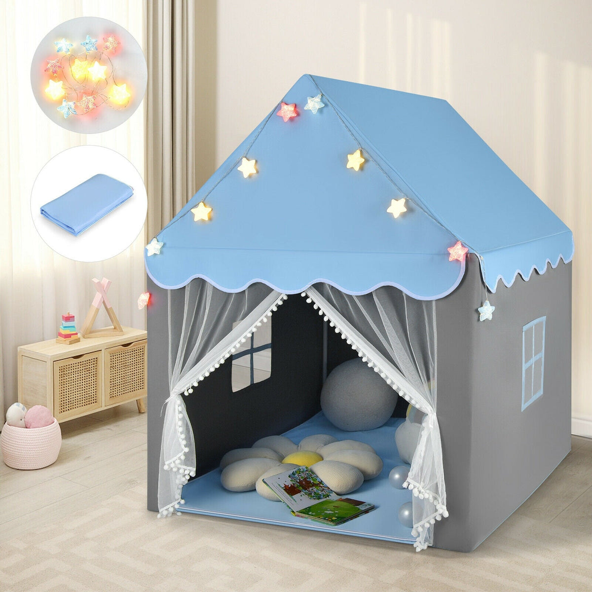 Kids Playhouse Tent with Colorful Star Lights and Mat-Blue