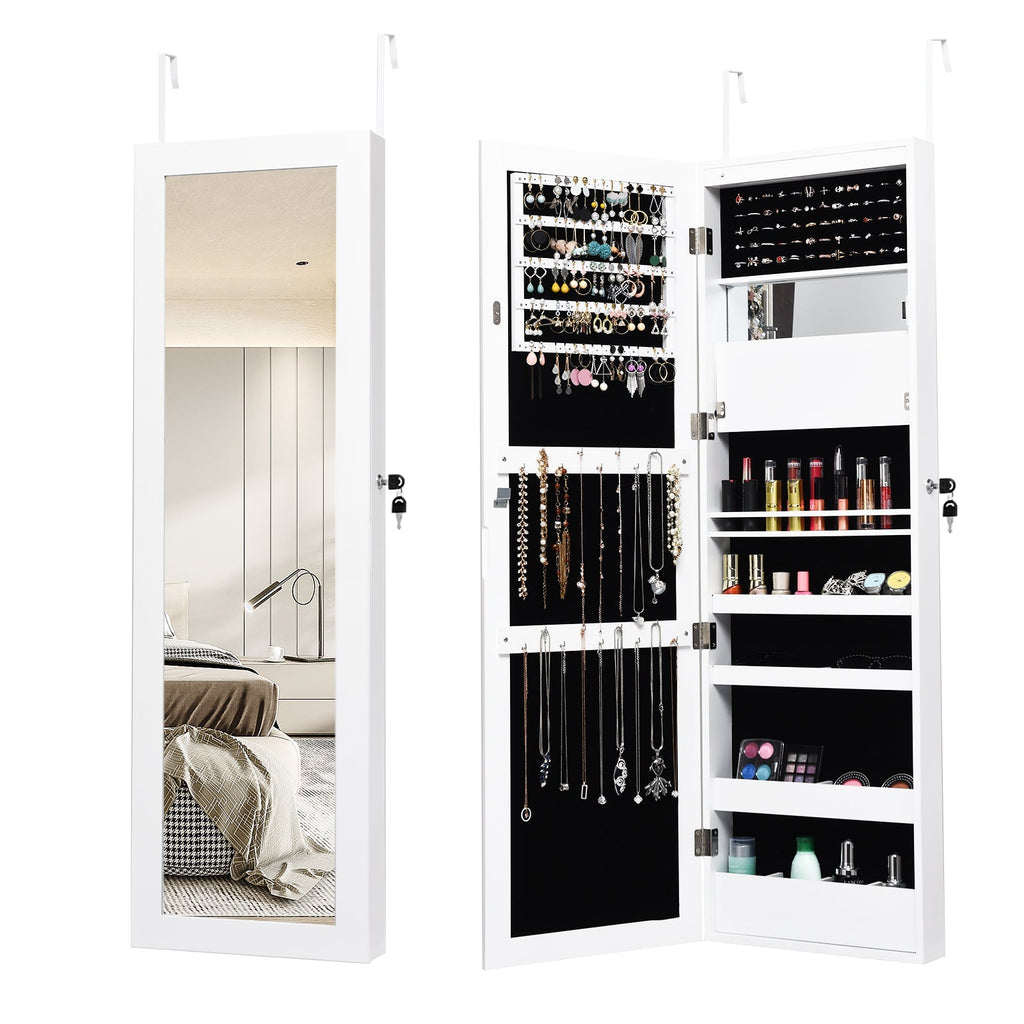 Lockable Wall Door Mounted Mirror Jewelry Cabinet w/LED Lights