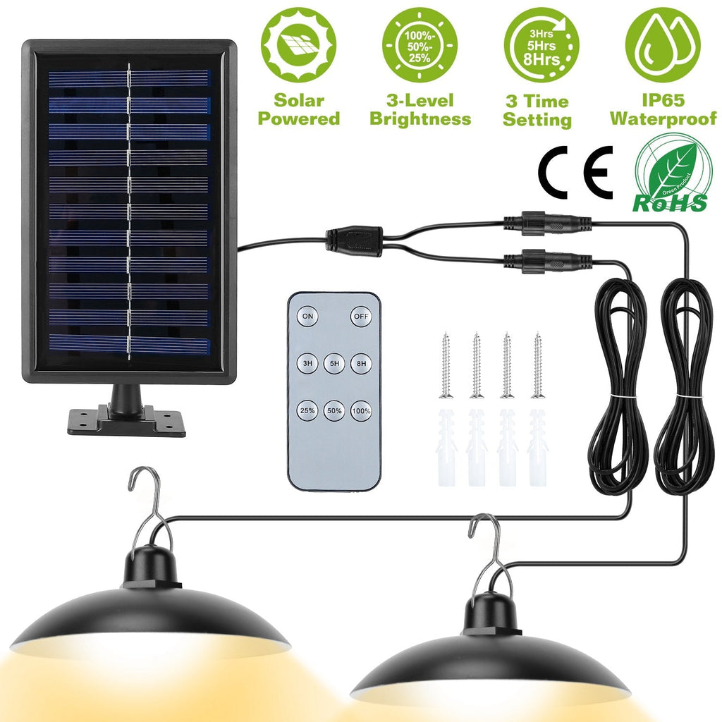 Solar Shed Lights Dual Lighting Heads Dimmable Timing Auto Sensor Turn Off Hanging Lamp IP65 Waterproof Remote Control Pendant Light For Garden Patio