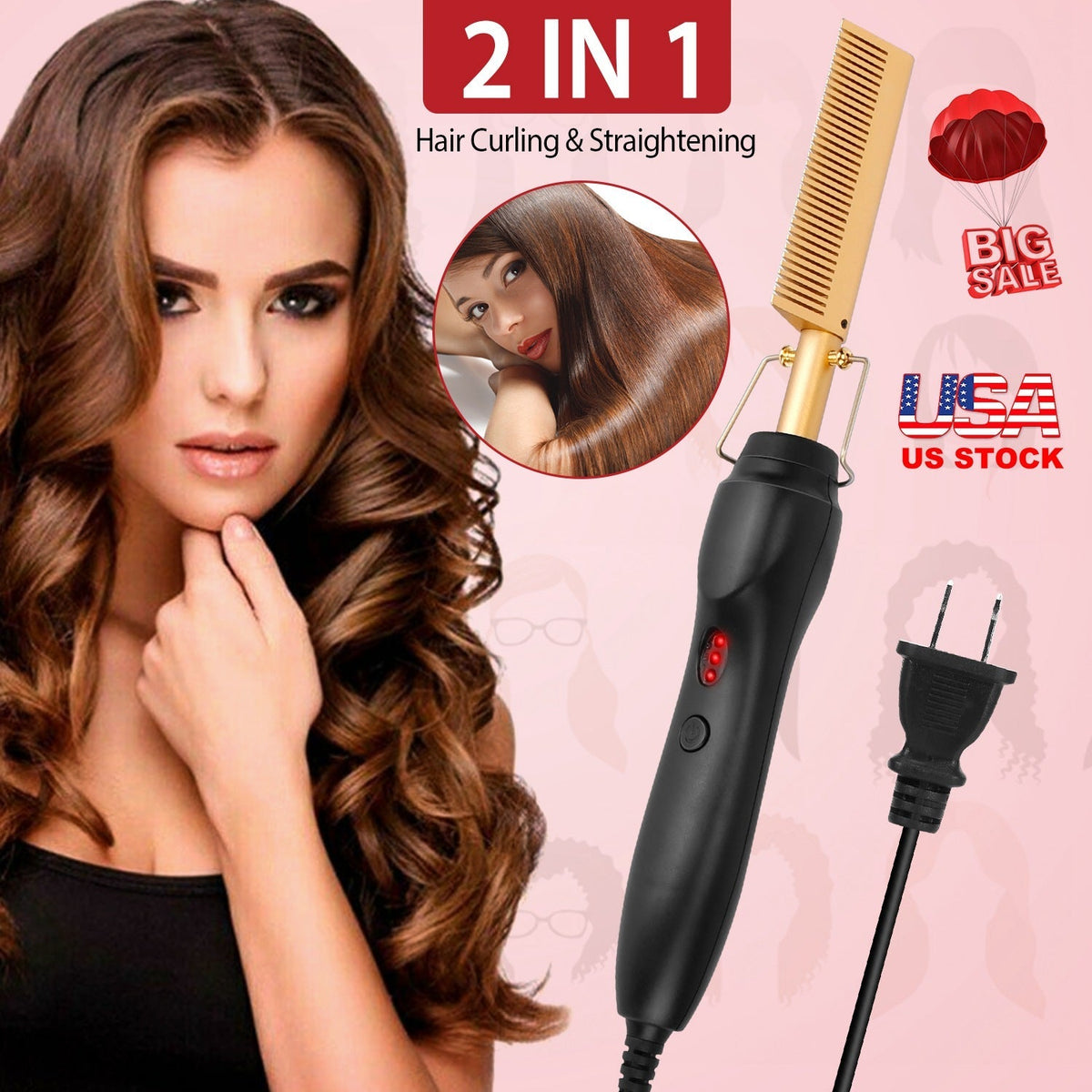 Electric Heating Hair Comb PTC Ceramic Hair Straightener Curler Brush Hair Straight Styler Wet Dry Use w/ 3 Temperature Adjustment