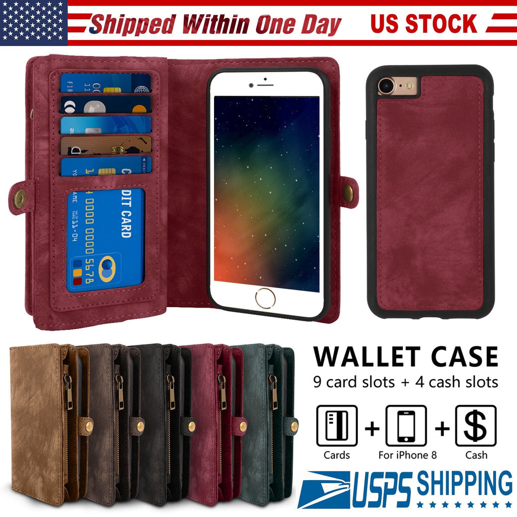 Phone Wallet Case For iPhone 8 Portable Wallet Case 2 in 1 Leather Zipper Magnetic Detachable 13 Card Slots Money Pocket Clutch Cover W/ID Widows
