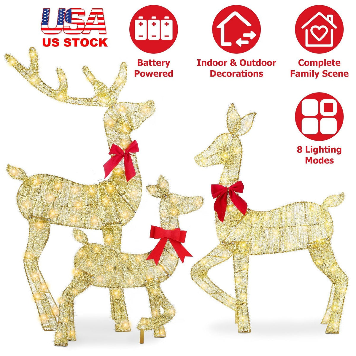 3 Pieces 2D Lighted Christmas Deer Family Set Indoor Outdoor Light Up Reindeer Decorations Lighted Buck Doe Fawn Display with 8 Lighting Modes