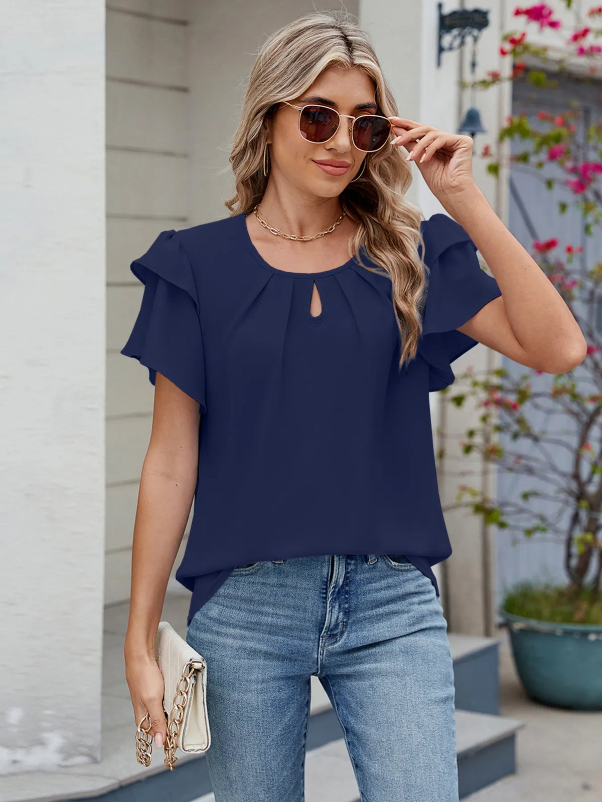 Round Neck Ruffled Layered Sleeve Blouse