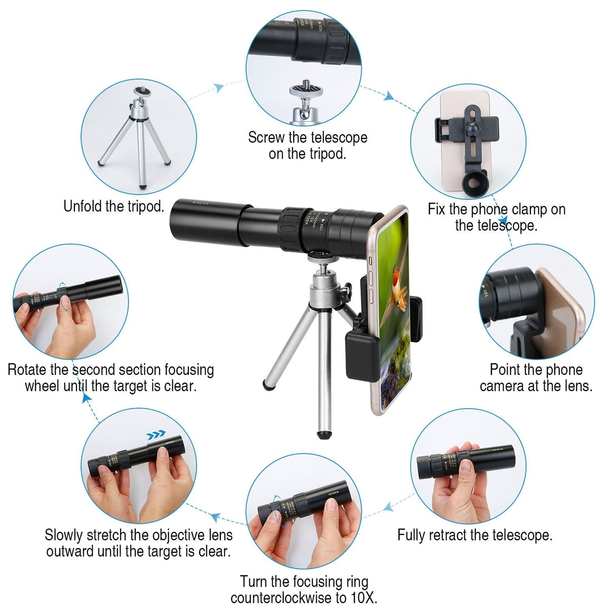 10X-300X Zoom Monocular Telescope High Definition Phone Telephoto Lens w/ Phone Holder Clamp Tripod For Hunting Hiking Sightseeing