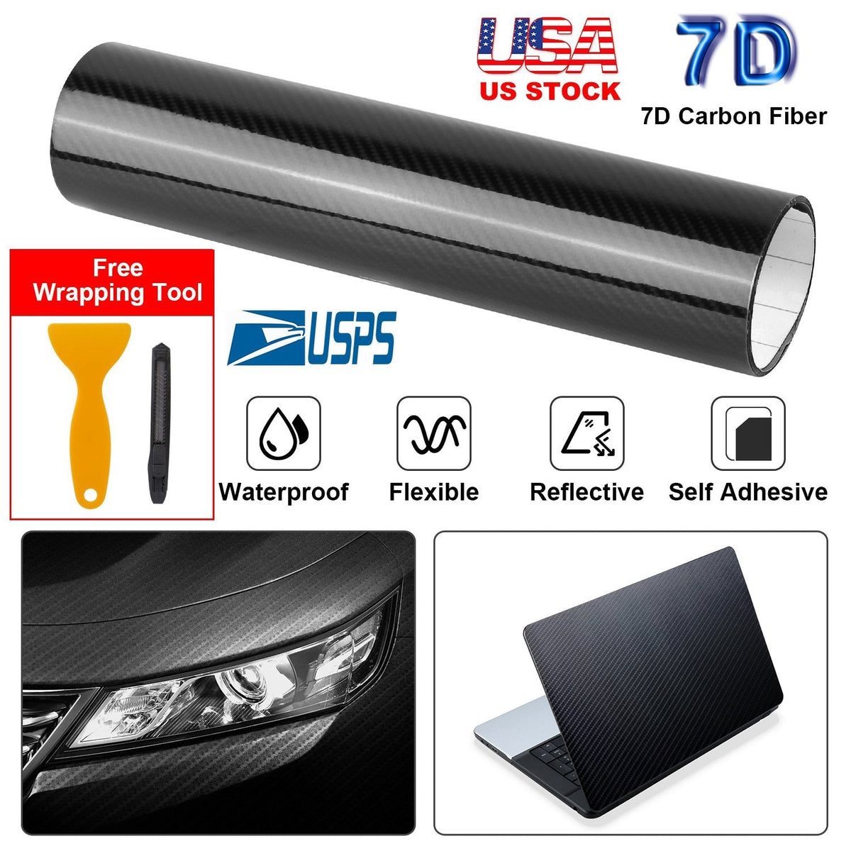 Black 7D Carbon Fiber Car Wrap High Gloss Vinyl Wrap Film Roll Bubble Free Air Release for Cars Laptops Phones