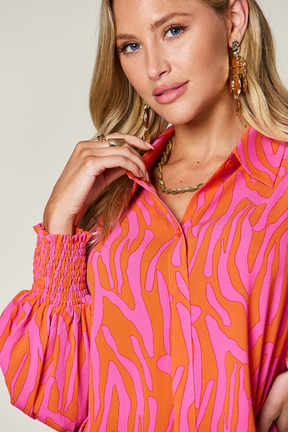 Smocked Long Sleeve Top with Alluring Print