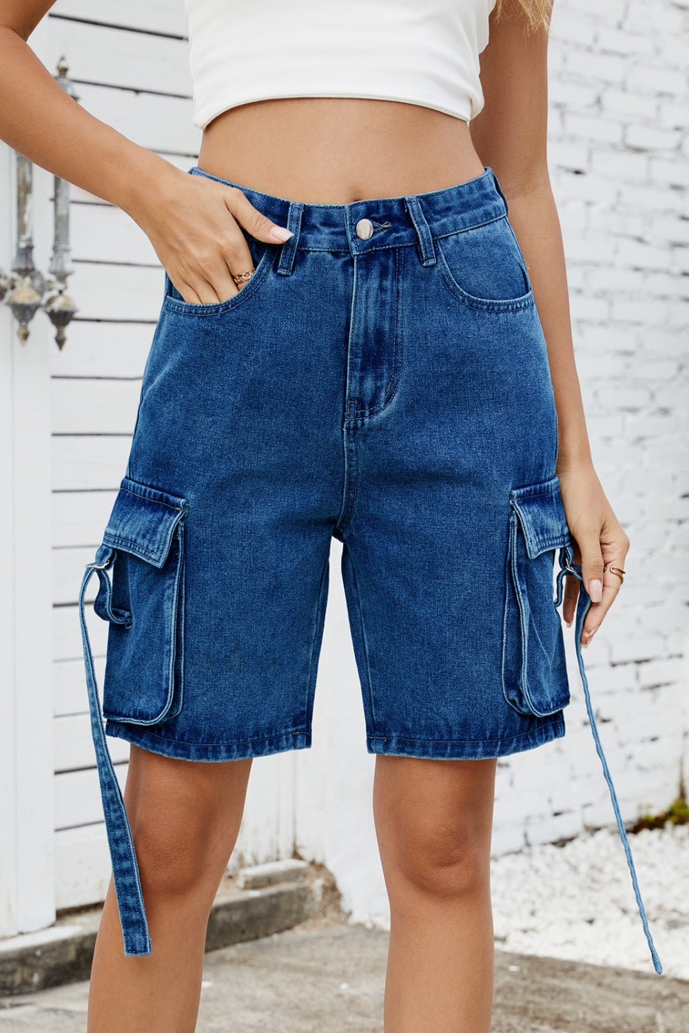 Washed Cargo Denim Shorts