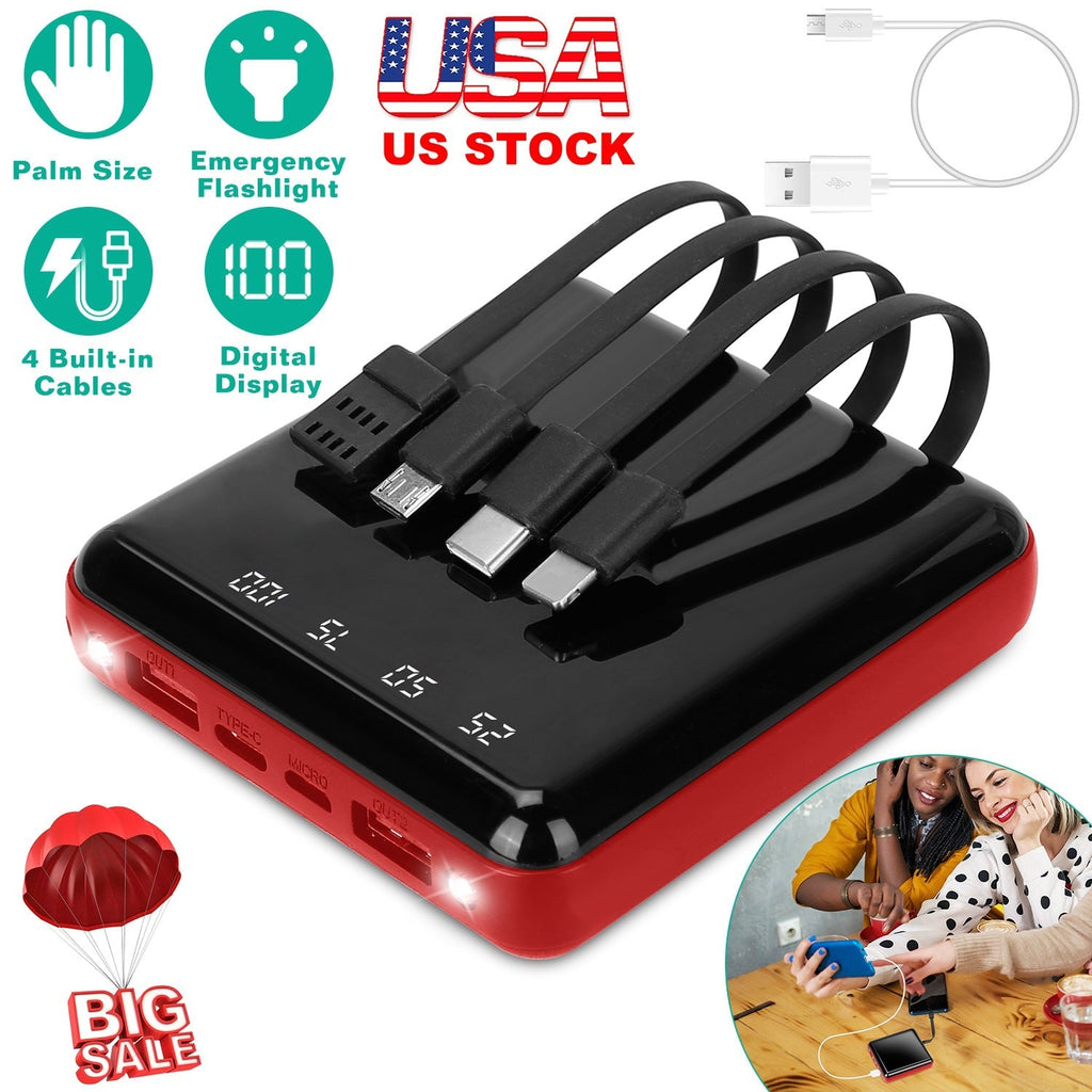 10000mAh Portable Charger Power Bank External Battery Pack w/ 4 Built-in Cables w/ LED Flashlight