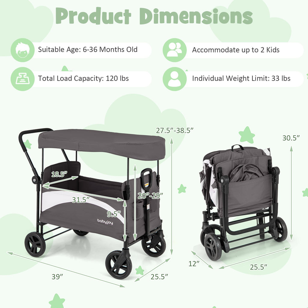2-Seat Stroller Wagon with Adjustable Canopy and Handles-Gray