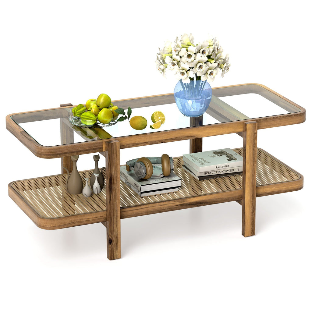 2-Tier Coffee Table with Storage and Tempered Glass Tabletop