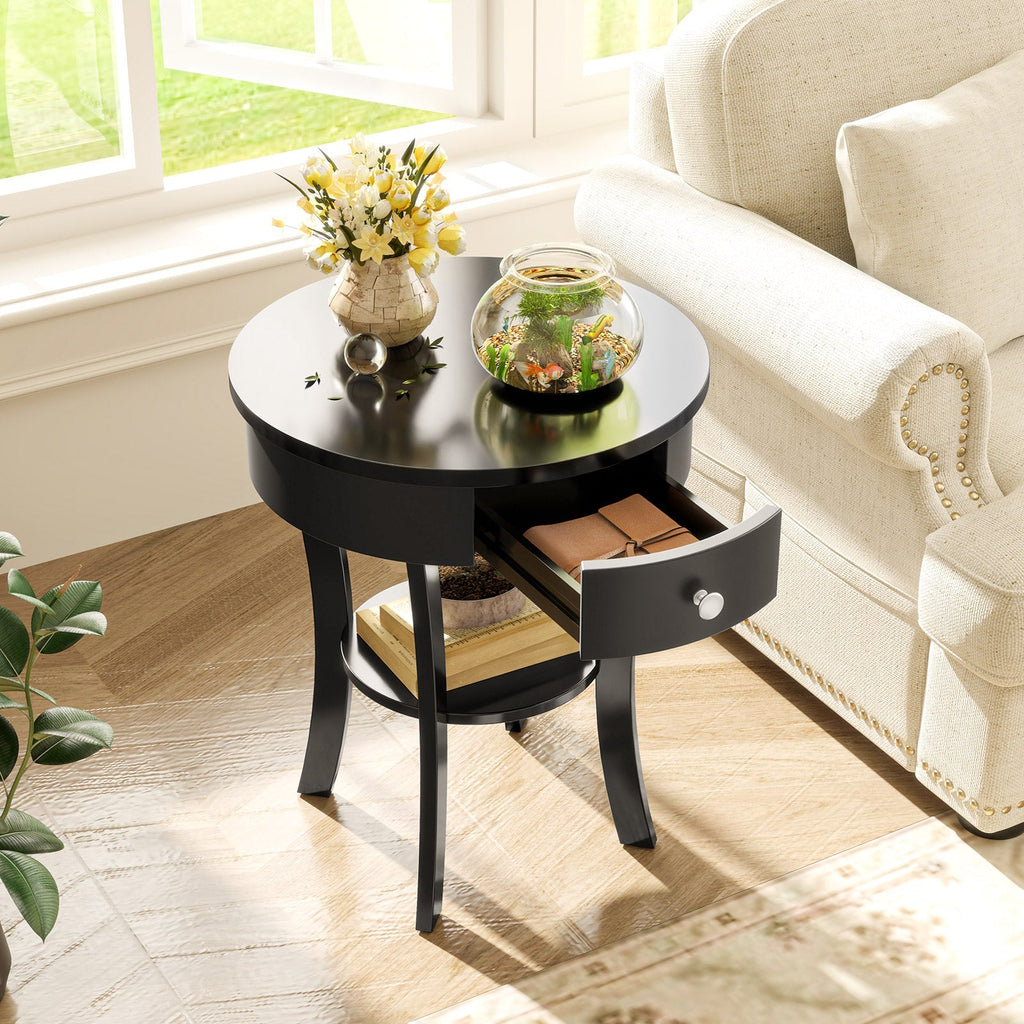 2-Tier Wood Round End Table with Open Drawer-Black