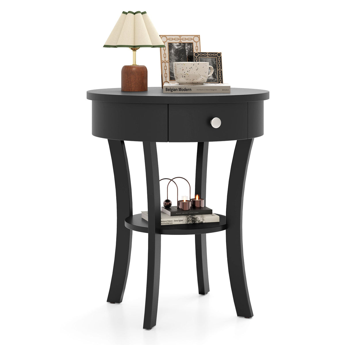2-Tier Wood Round End Table with Open Drawer-Black