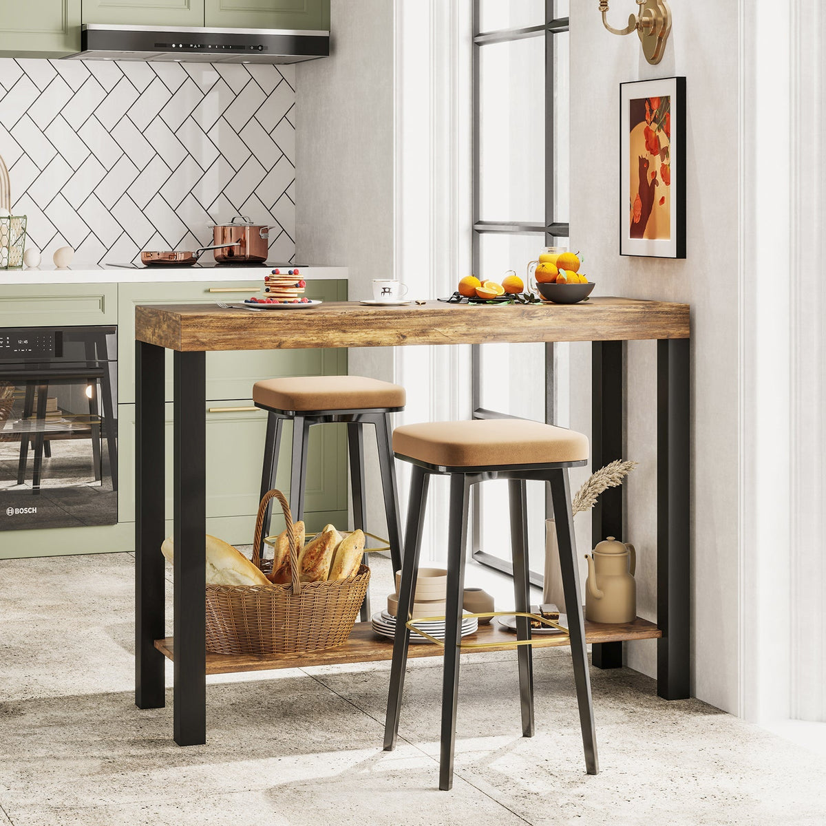 2-Tier Home Bar Table with Open Shelves and Storage for Home Kitchen Living Room Pub-Rustic Brown